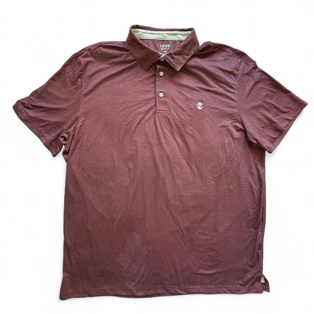 Izod Men's Burgundy and Red Check Plaid Golf Polo Shirt Mens XL Lightweight